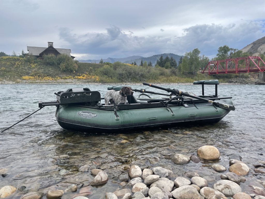 Float Fishing Guide Part 1 — The Boat, brown dog in green float fishing boat surrounded by fishing gear on the bank of a river